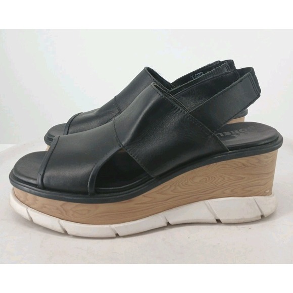 Sorel Joanie III Slingback Womens Leather Platform Wedge Sandals Black SZ 9 C132 - Picture 3 of 10